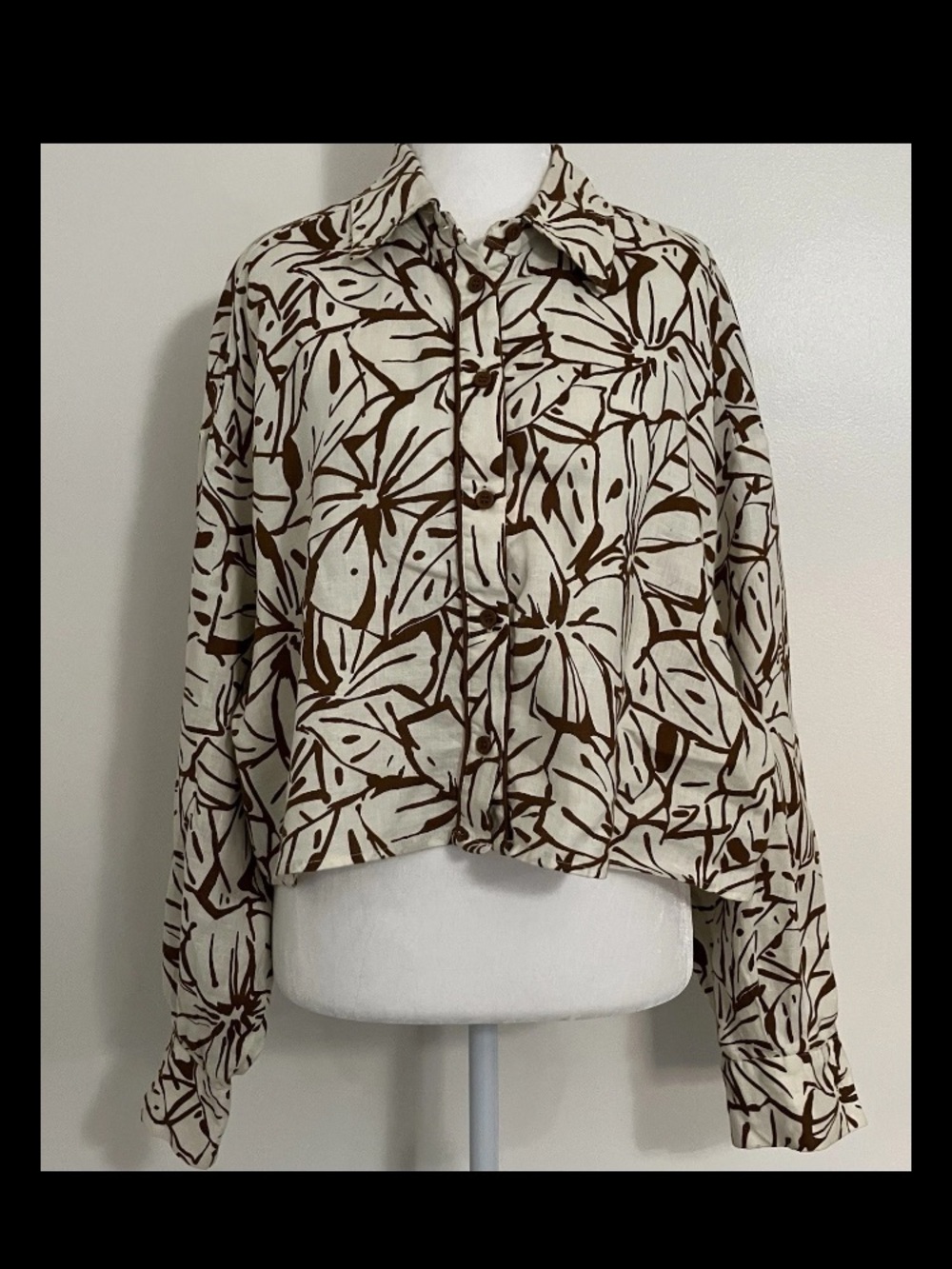 Magaschoni Linen Shirt Button Down Large Floral Brown White Boho Costal Beachy